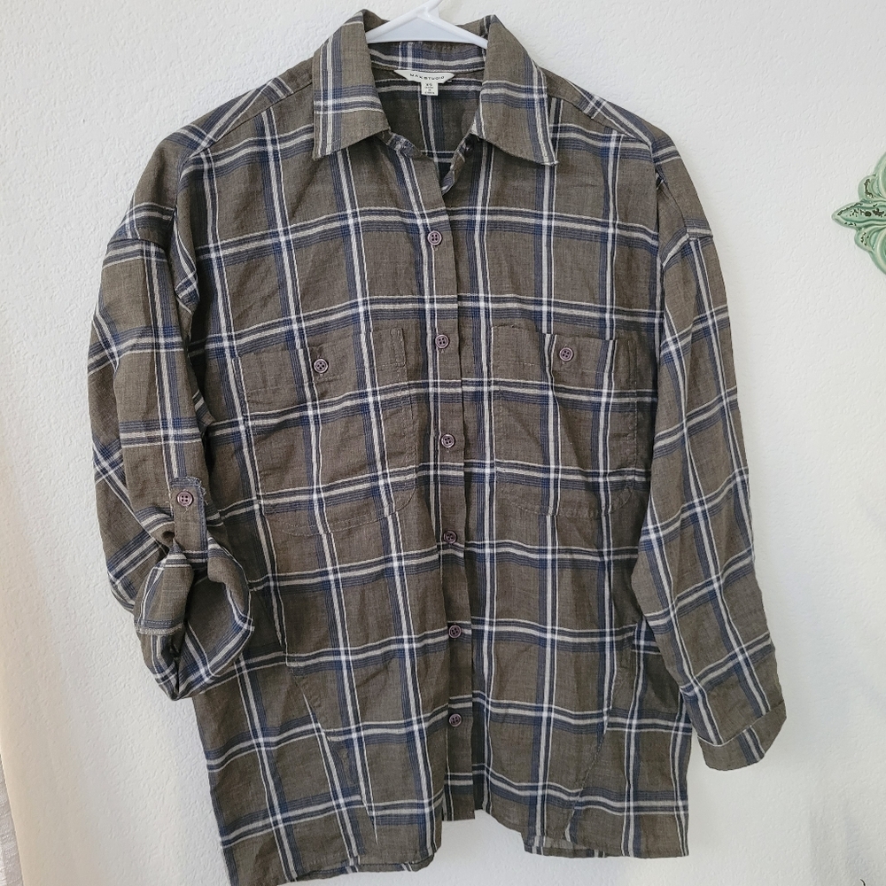 Max Studio Women's Gray Blue Plaid Button Down Roll Tab Shirt Size XS